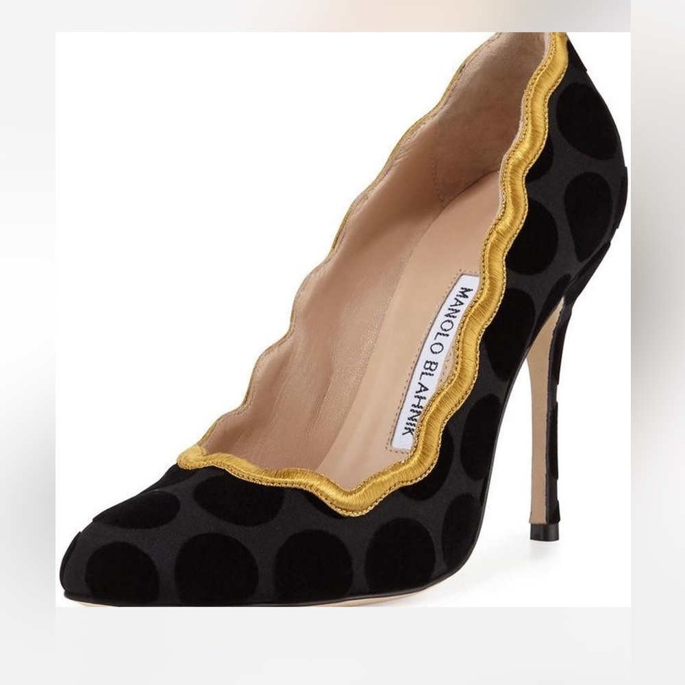 Manolo Blahnik Putrosa 105mm Polka Dot Black and Gold Scalloped Heels